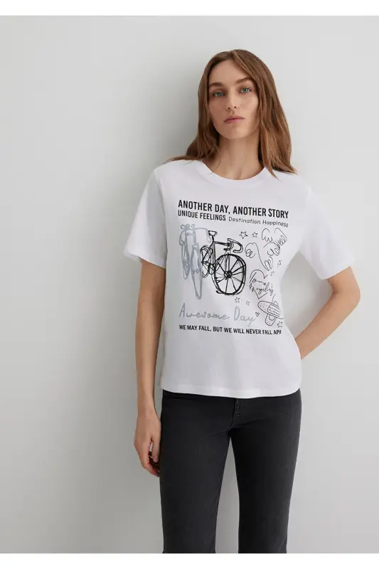 Bicycle Print White T-Shirt Regular Fit - 2