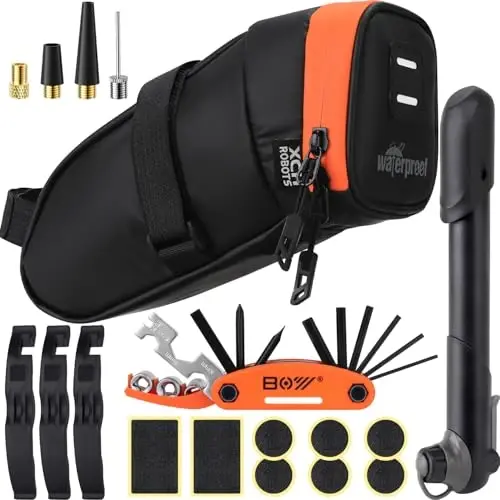 Bicycle Saddle Repair Bag with Tire Patch and Inflate Pump - Portable Travel Emergency Tool Kit, Bike Accessories for Adult Bikes with IPX4 Waterproof - 1