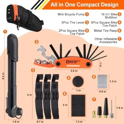 Bicycle Saddle Repair Bag with Tire Patch and Inflate Pump - Portable Travel Emergency Tool Kit, Bike Accessories for Adult Bikes with IPX4 Waterproof - XCH ROBOTS (1)