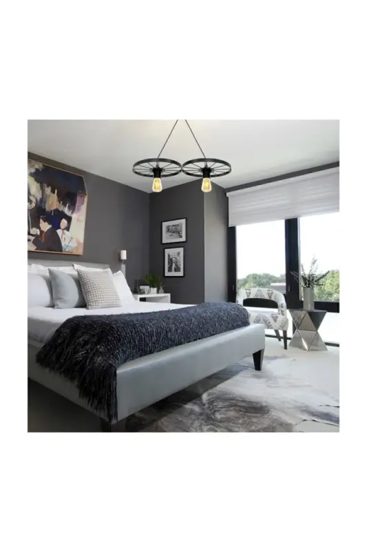 Bicycle Wheel Pendant Double Chandelier Wrought Iron Bar Hotel Restaurant Metal Retro Ceiling Lamp-Black - 2