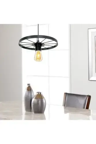 Bicycle Wheel Pendant Single Chandelier Wrought Iron Bar Hotel Restaurant Metal Retro Ceiling Lamp-Black - 4