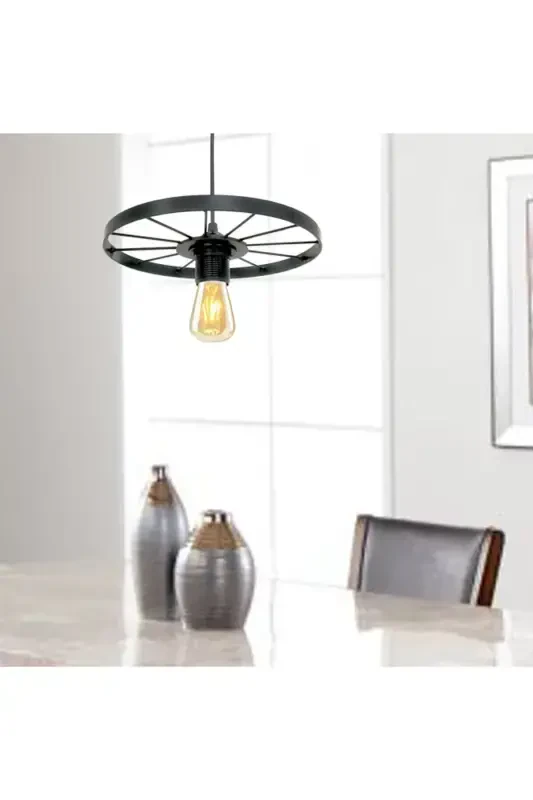 Bicycle Wheel Pendant Single Chandelier Wrought Iron Bar Hotel Restaurant Metal Retro Ceiling Lamp-Black - 4