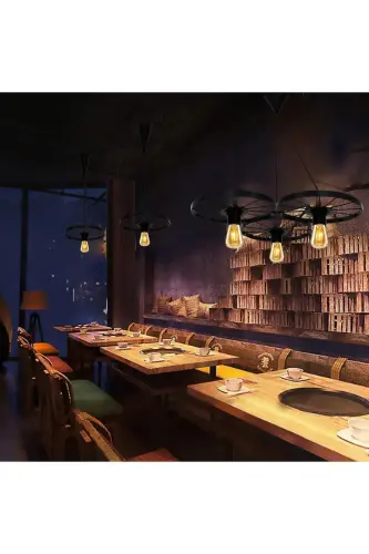 Bicycle Wheel Pendant Single Chandelier Wrought Iron Bar Hotel Restaurant Metal Retro Ceiling Lamp-Black - 5