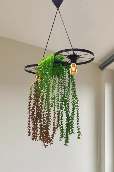 Bicycle Wheel Pot Chandelier Metal Pendant Wrought Iron Rustic Office Cafe Balcony Decorative Ceiling Lamp - 6