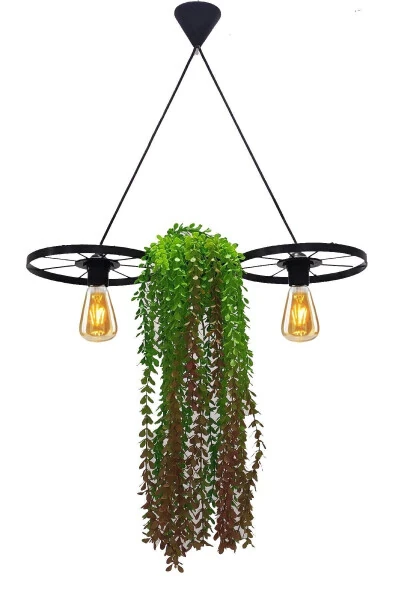 Bicycle Wheel Pot Chandelier Metal Pendant Wrought Iron Rustic Office Cafe Balcony Decorative Ceiling Lamp - 9