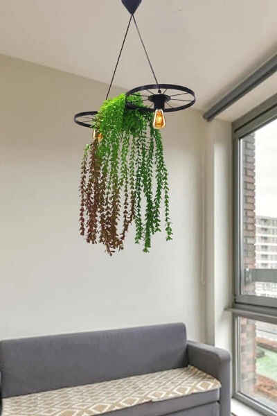 Bicycle Wheel Pot Chandelier Metal Pendant Wrought Iron Rustic Office Cafe Balcony Decorative Ceiling Lamp - BUNDERA (1)
