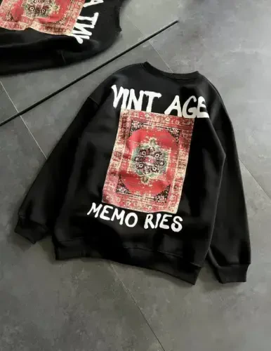 Bicycle yoqali uch ipli bosma Oversize svitshot - Qora - 1