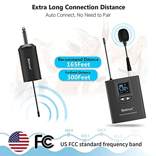 Bietrun UHF Wireless Lavalier Lapel Microphone System/Headset Mic/Stand Mic, 165ft Range, Rechargeable Transmitter Receiver, 1/4