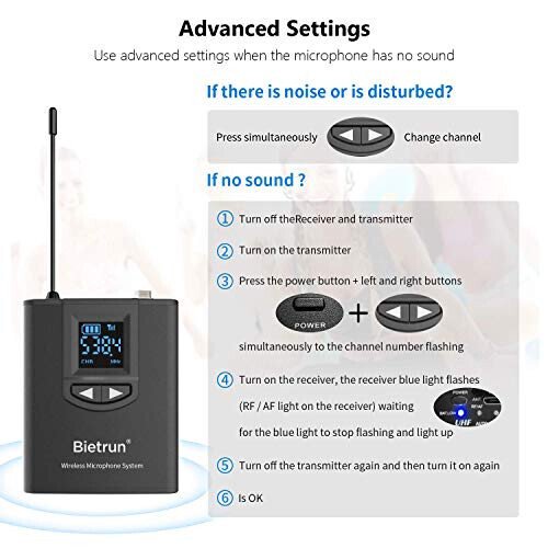 Bietrun UHF Wireless Lavalier Lapel Microphone System/Headset Mic/Stand Mic, 165ft Range, Rechargeable Transmitter Receiver, 1/4