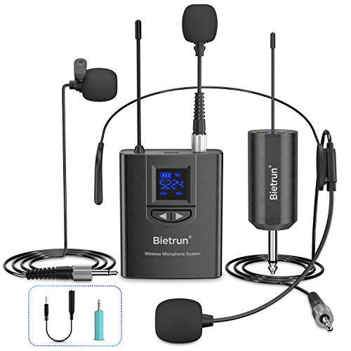 Bietrun UHF Wireless Lavalier Lapel Microphone System/Headset Mic/Stand Mic, 165ft Range, Rechargeable Transmitter Receiver, 1/4