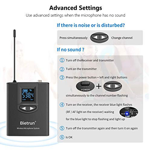 Bietrun UHF Wireless Lavalier Lapel Microphone System/Headset Mic/Stand Mic, 165ft Range, Rechargeable Transmitter Receiver, 1/4