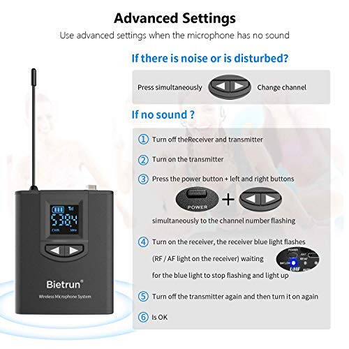 Bietrun UHF Wireless Lavalier Lapel Microphone System/Headset Mic/Stand Mic, 165ft Range, Rechargeable Transmitter Receiver, 1/4