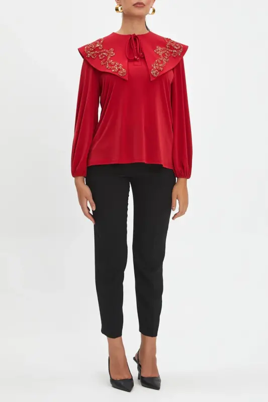 Big Baby Collar Stone Embroidered Buttoned Neck-Tie Red Blouse 40153 - 1