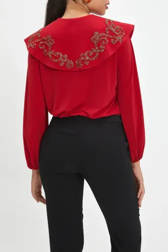 Big Baby Collar Stone Embroidered Buttoned Neck-Tie Red Blouse 40153 - 2