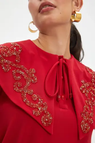 Big Baby Collar Stone Embroidered Buttoned Neck-Tie Red Blouse 40153 - 3