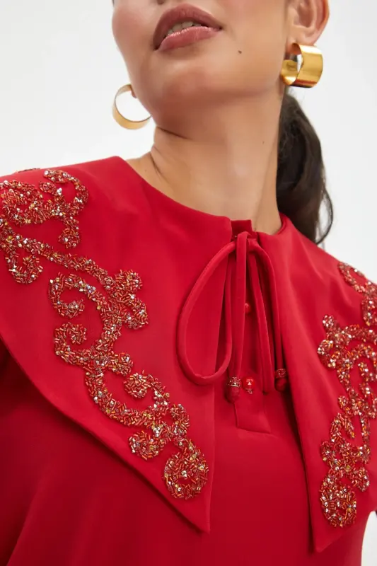 Big Baby Collar Stone Embroidered Buttoned Neck-Tie Red Blouse 40153 - 3