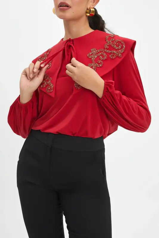 Big Baby Collar Stone Embroidered Buttoned Neck-Tie Red Blouse 40153 - 4