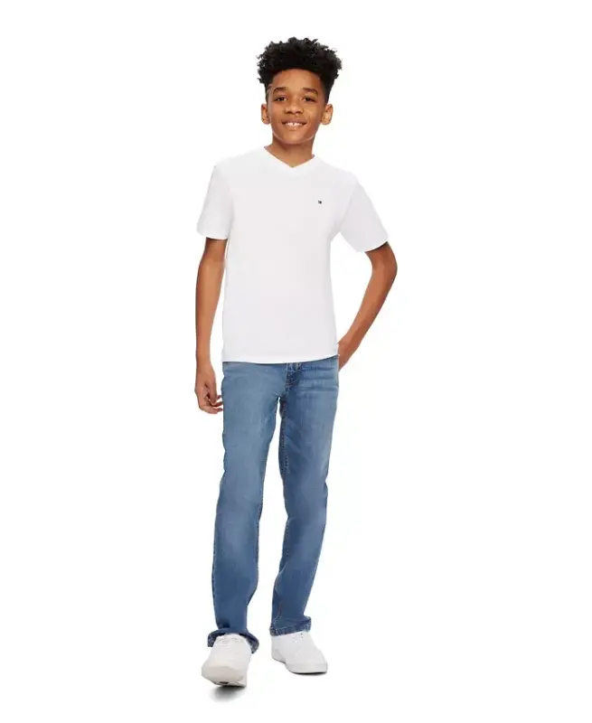 Big Boys' Solid Embroidered Logo V-Neck Tee - TOMMY HILFIGER