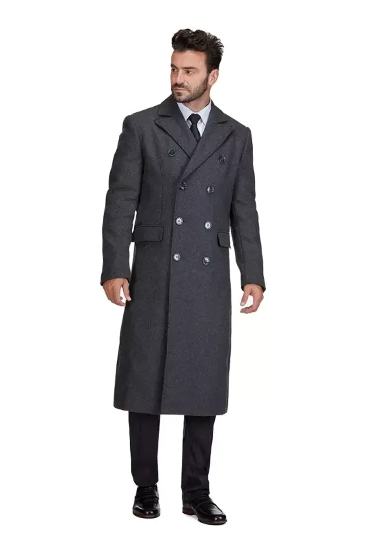 Big & Tall Double-Breasted Knee Length Wool Blend Three Button Long Overcoat Top Coat - 1