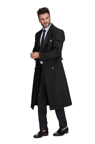 Big & Tall Double-Breasted Knee Length Wool Blend Three Button Long Overcoat Top Coat - Black - BRAVEMAN (1)