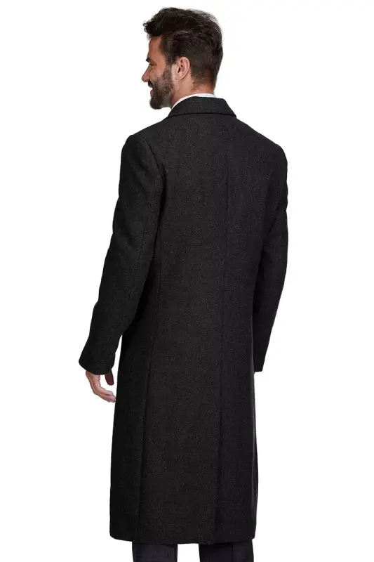 Big & Tall Double-Breasted Knee Length Wool Blend Three Button Long Overcoat Top Coat - Black - 3