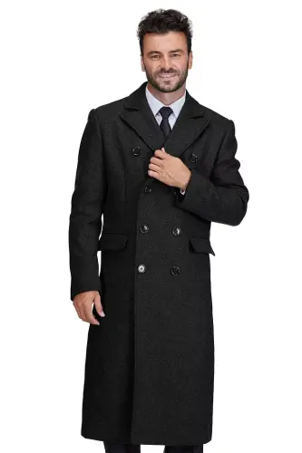Big & Tall Double-Breasted Knee Length Wool Blend Three Button Long Overcoat Top Coat - Black - 4