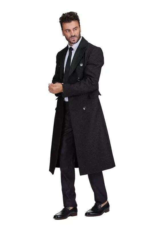Big & Tall Double-Breasted Knee Length Wool Blend Three Button Long Overcoat Top Coat - Black - 2