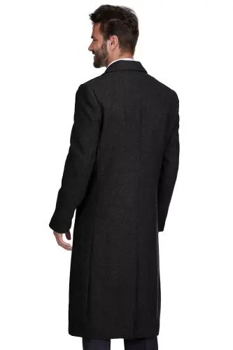 Big & Tall Double-Breasted Knee Length Wool Blend Three Button Long Overcoat Top Coat - Black - 3