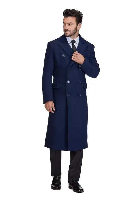 Big & Tall Double-Breasted Knee Length Wool Blend Three Button Long Overcoat Top Coat - Navy - BRAVEMAN
