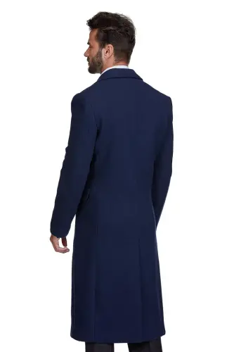 Big & Tall Double-Breasted Knee Length Wool Blend Three Button Long Overcoat Top Coat - Navy - 3