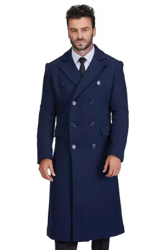 Big & Tall Double-Breasted Knee Length Wool Blend Three Button Long Overcoat Top Coat - Navy - 4
