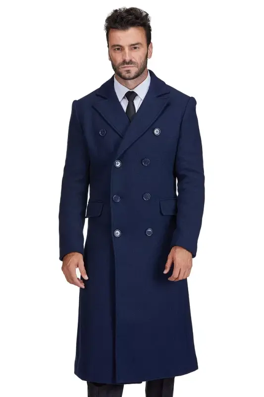 Big & Tall Double-Breasted Knee Length Wool Blend Three Button Long Overcoat Top Coat - Navy - 4