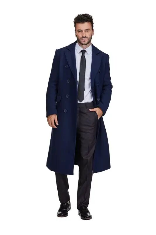 Big & Tall Double-Breasted Knee Length Wool Blend Three Button Long Overcoat Top Coat - Navy - 2