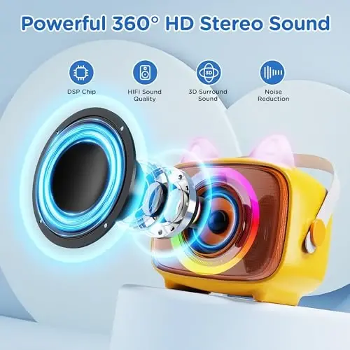 BIGASUO Karaoke Machine for Kids, Mini Portable Bluetooth Speaker with 2 Wireless Microphones and LED Lights, Kids Toys Ideal Gifts for Girls & Boys Birthday Home Party - 3