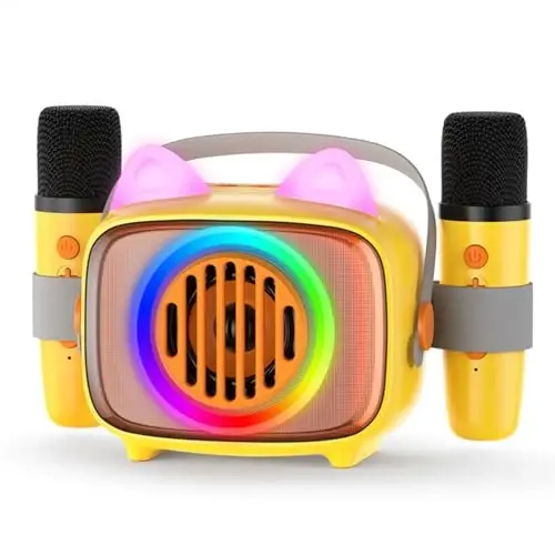 BIGASUO Karaoke mashinasi bolalar uchun, 2 ta simsiz mikrofon va LED lampalar bilan mini ko'chma Bluetooth karnay, qizlar va o'g'il bolalar uchun ideal sovg'a tug'ilgan kun va uy partiyalari uchun - Modazone