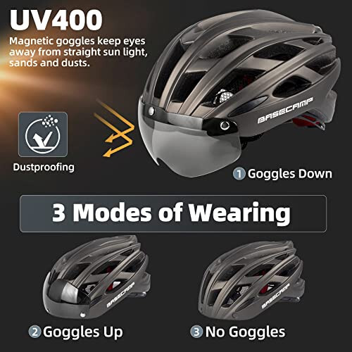 Bike Helmet, Basecamp Bicycle Helmet with Rear Light & Detachable Magnetic Goggles Lightweight Cycling Helmet Adjustable for Adult Men Women Mountain & Road (BC-069) - 2