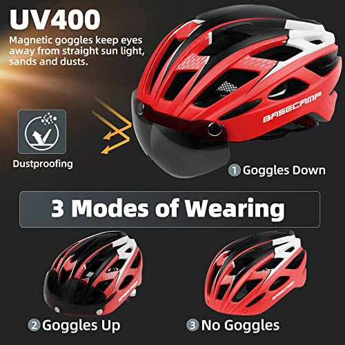 Bike Helmet, Basecamp Bicycle Helmet with Rear Light & Detachable Magnetic Goggles Lightweight Cycling Helmet Adjustable for Adult Men Women Mountain & Road (BC-069) - 2