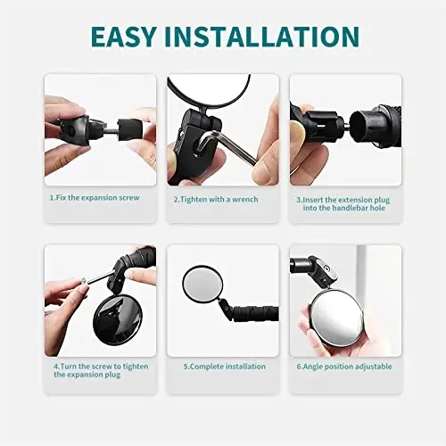 Bike Mirror, 2 Pcs 360˚ Rotatable Bar End Bicycle Mirrors for Handlebars, Wide Angle Convex Bike Mirrors Handlebar Rearview Mirror Bike Mirrors for Handlebar End Mount Mountain Road Adult Bike Cycling - 6