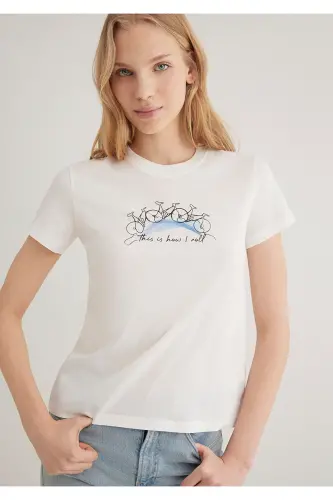 Bike Print Ecru T-Shirt Semi Slim Fit / Half - 2