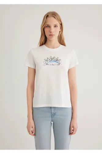 Bike Print Ecru T-Shirt Semi Slim Fit / Half - 3