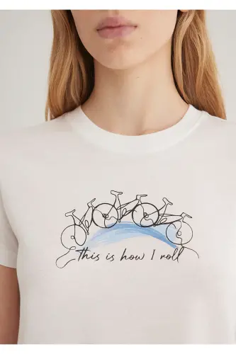 Bike Print Ecru T-Shirt Semi Slim Fit / Half - 5