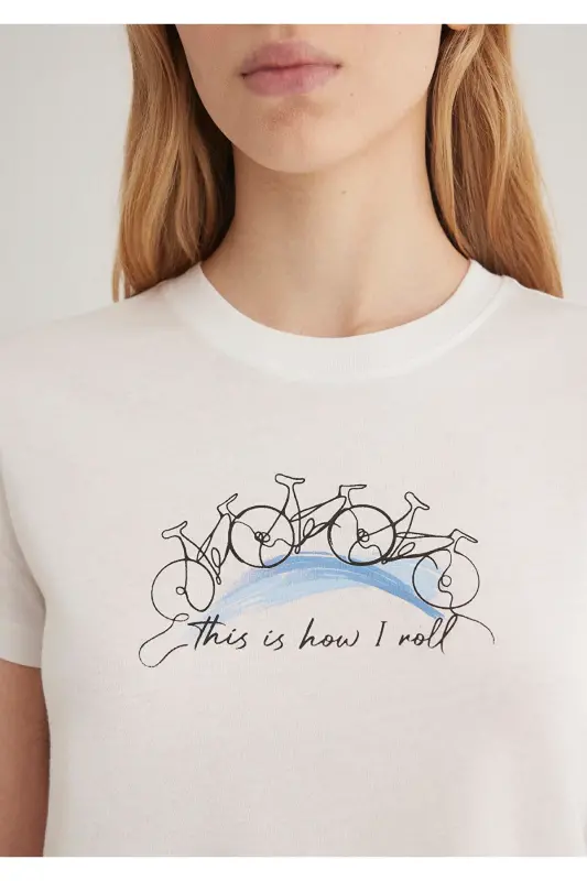 Bike Print Ecru T-Shirt Semi Slim Fit / Half - 5
