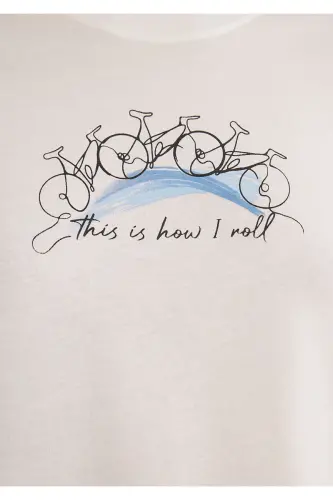 Bike Print Ecru T-Shirt Semi Slim Fit / Half - 6