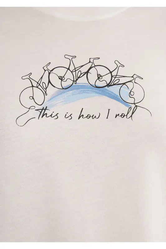 Bike Print Ecru T-Shirt Semi Slim Fit / Half - 6