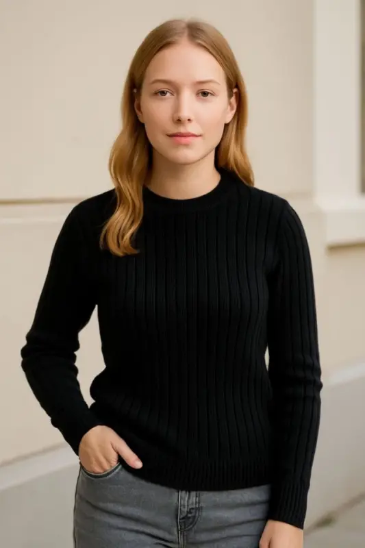 Bike Round Neck Knit Sweater Cotton Thick Ribbed Knit, Regular Fit Long Sleeve Winter Model - Black - BÜYÜKBEDENIZ