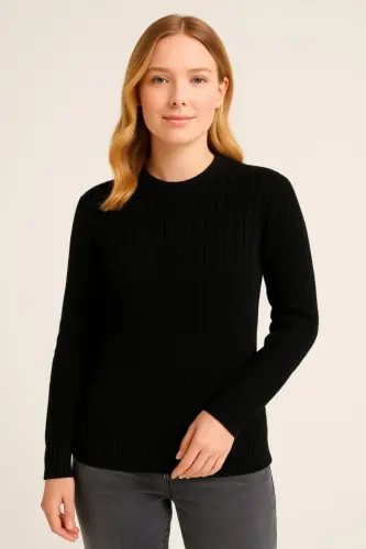 Bike Round Neck Knit Sweater Cotton Thick Ribbed Knit, Regular Fit Long Sleeve Winter Model - Black - 2