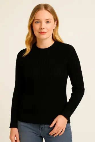 Bike Round Neck Knit Sweater Cotton Thick Ribbed Knit, Regular Fit Long Sleeve Winter Model - Black - 3