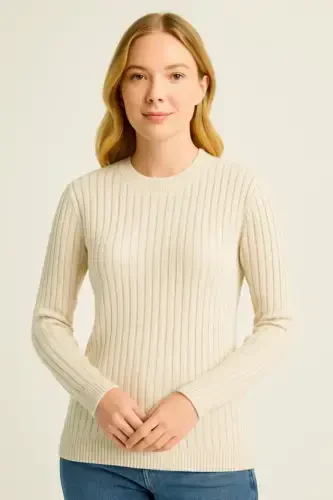 Bike Round Neck Knitwear Sweater Cotton Thick Ribbed Knit, Regular Fit Long Sleeve Winter Model - Beige - 1