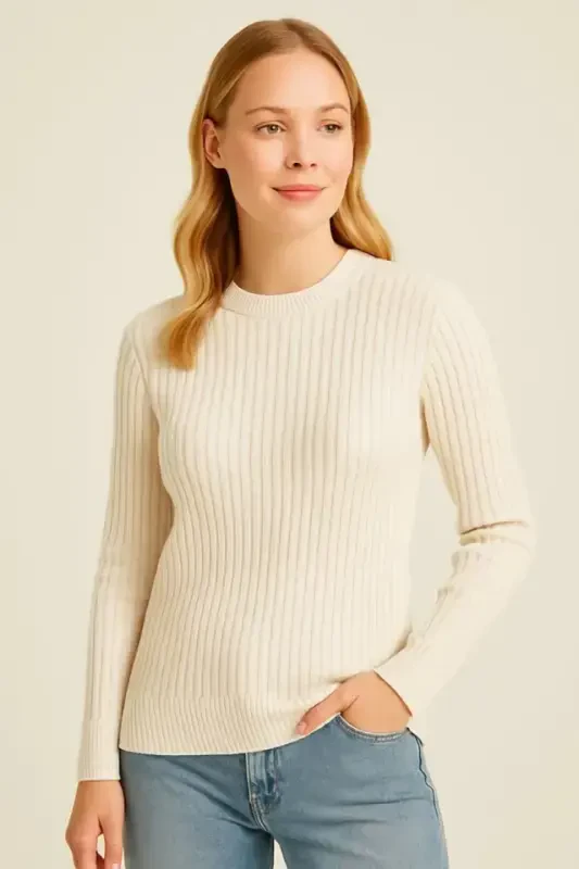 Bike Round Neck Knitwear Sweater Cotton Thick Ribbed Knit, Regular Fit Long Sleeve Winter Model - Beige - 2