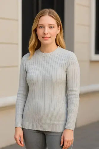 Bike Round Neck Knitwear Sweater Cotton Thick Ribbed Knit, Regular Fit Long Sleeve Winter Model - Grey - BÜYÜKBEDENIZ (1)